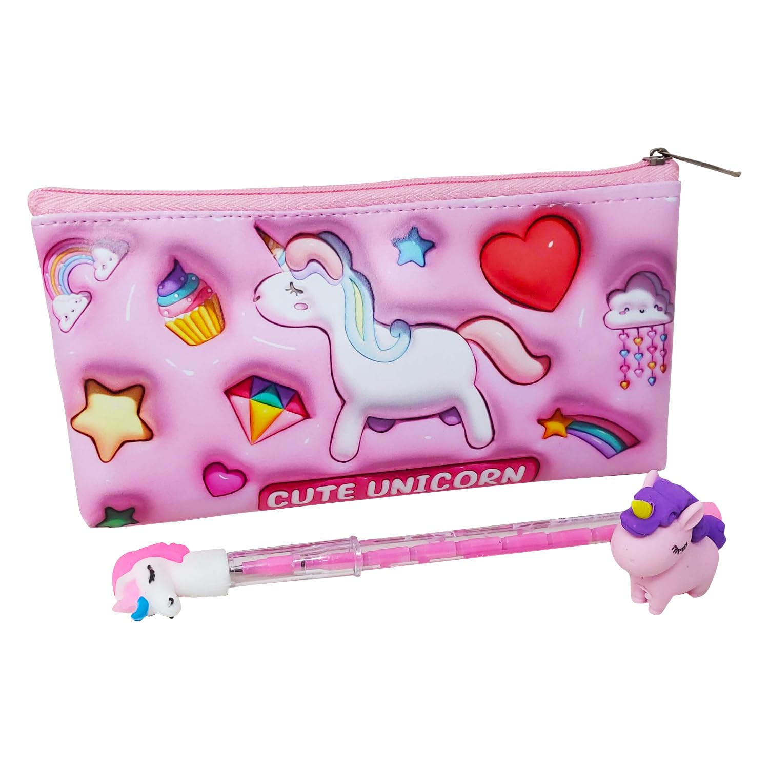 PARTEET Combo Pack: Unicorn Pouch, Pen & Eraser - Girls School Stationery, Kids Zipper Closer Waterproof Soft Travel Pouch (Leather, Pink)
