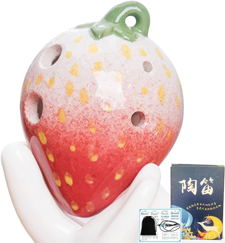 Ocarina,4 Hole Red Strawberry Ceramic Ocarina with Lanyard,6 Hole