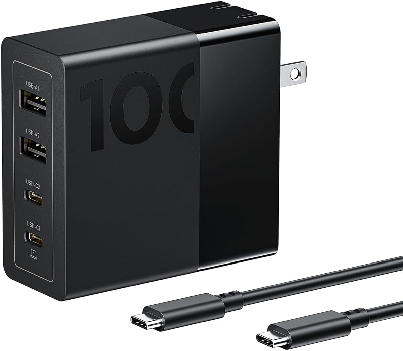 100W USB C Charger, 4-Port Multi-Device Fast Charging, Black GaN Power Block with 240W Cable, for Thinkpad, MacBook, Dell XPS, iPhone, Samsung