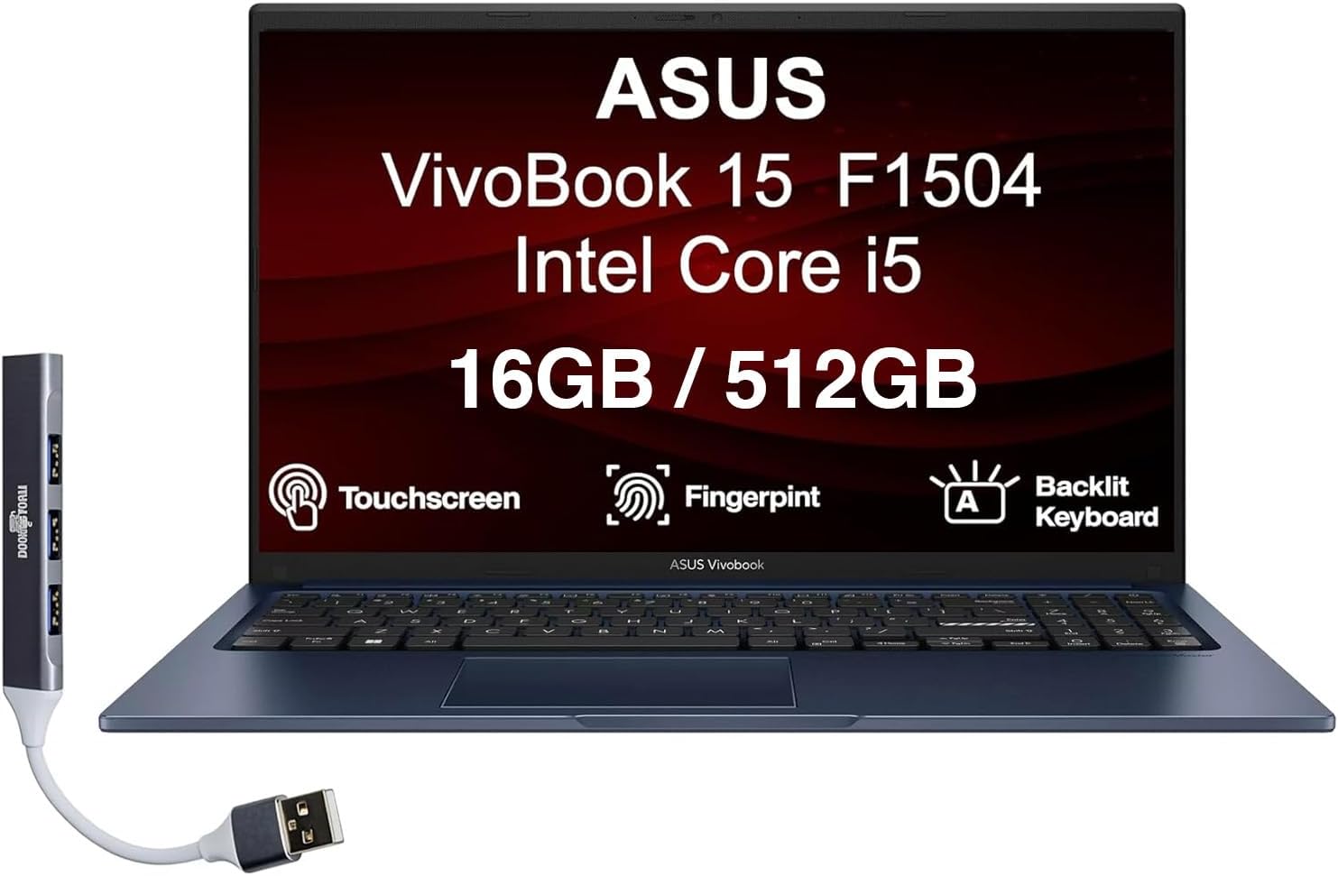ASUS VivoBook 15 Laptop 15.6" Touchscreen IPS FHD Display (Intel i5-1334U, 16GB DDR4, 512GB SSD, Backlit KB, Fingerprint, Numeric Keypad, WiFi, BT, Win 11 Home) w/DKZ USB Port Expander