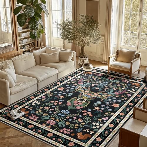 Image of Area Rug Vintage Floral Deer Pattern 6x9 - Bohemian Forest Animal Carpet with Squirrel & Butterfly, Soft Decorative Area Rug for Living Room Bedroom Home Decor