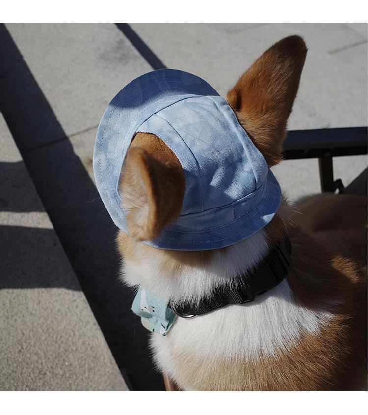 Image of HDKUW Dog Bucket Hats, Dog Round Cap with Ear Hole, Adjustable Outdoor Travel Sun Protection Sport Hat for Cat Small Medium Dogs Light Blue M