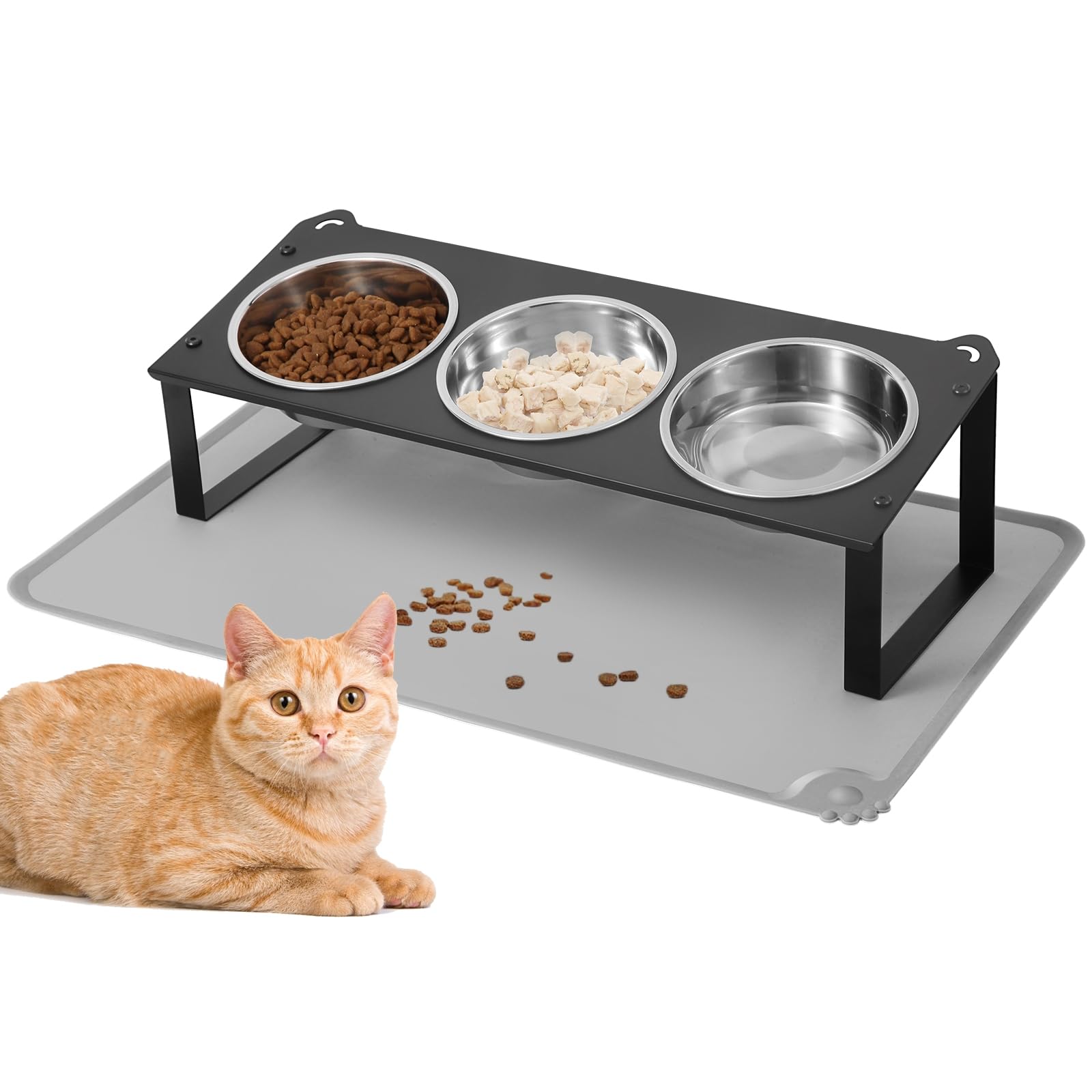 Erhöhte Katzennäpfe mit Futtermatte, 10 ° geneigt, rutschfest, erhöhtes Katzenfutter, Wassernäpfe Set, 3 dicke Edelstahl-Haustierschalen mit niedlichem Metall-Futterständer für Indoor-Kätzchen, Welpen