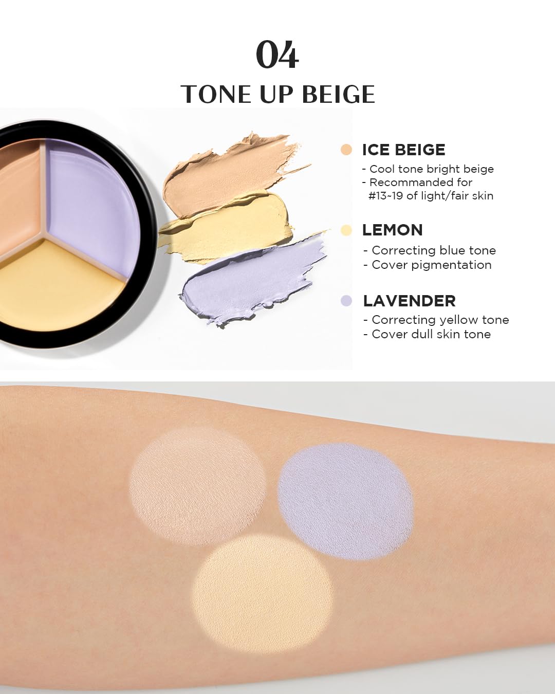THESAEM Cover Perfection Triple Pot Concealer - 04 Tone Up Beige for Brightening & Vitality - 3-Color Multi Concealer Palette for Dull Yellow Tone - Korean Makeup with Sweet Almond Oil & Herbal Water - Image 5