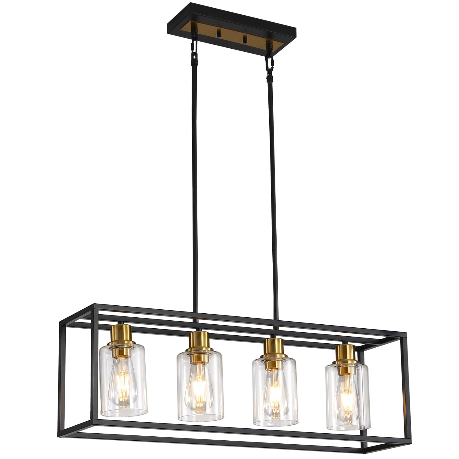 4-Light Kitchen Island Lighting, Farmhouse Pendant Island Light Fixture with Glass Shades, Black&Gold Chandelier for Dining Room, Restaurant, Foyer
