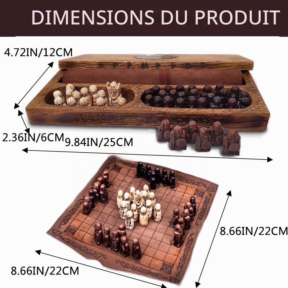 QNQA Jeu d'échecs médiéval - Jeu d'échecs viking en bois - Pièces d'échecs viking Hnefatafl pour adultes/enfants - Damier : 22 x 22 cm Marron