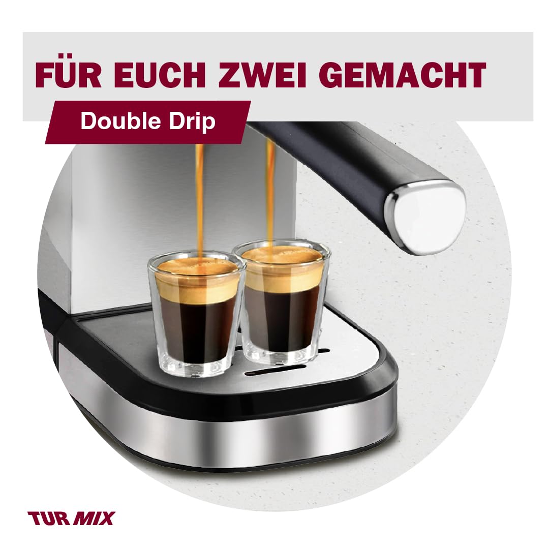 Turmix Espressomaschine TX 590 - Siebträgermaschine Edelsthal, 20 Bar-Kaffeemaschine mit milchschäumer, 17 cm breit, 1350W 1,1L Wassertank, Beheizte Tassenabstellfläche
