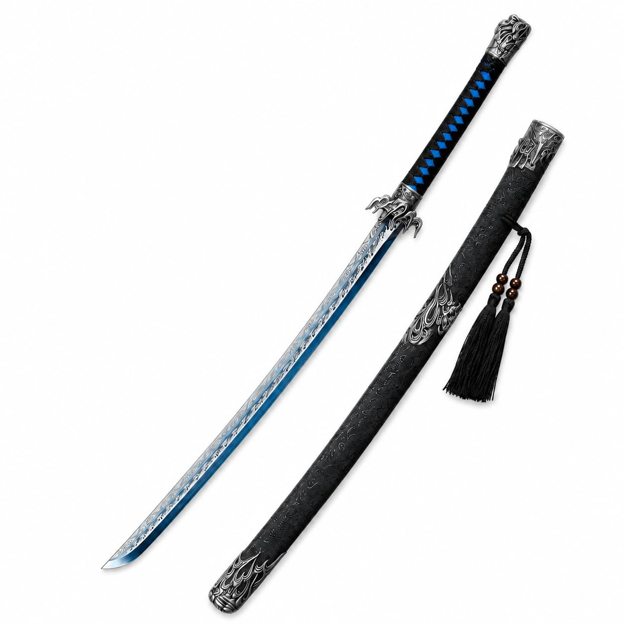 Katana Samurai Schwert - Japanisches Dekorationsschwert mit Blauer Klinge & Gravuren - Ungeschliffene Edelstahlklinge - ABS-Scheide - Perfekt für Sammler & Anime Deko