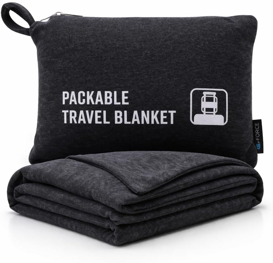 Jersey Knit Packable Travel Blanket Black 50x47 Inch | Carry Strap, Luggage Sleeve, Airplane Travel Essentials, Compact Portable Throw