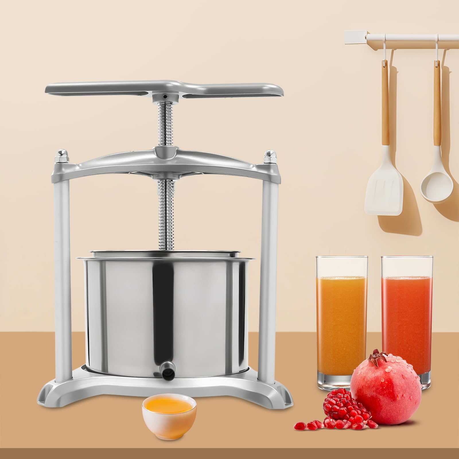 Fruit Wine Press, Wine juicer, 1.6 Gal Fruit Cider Grinder w/Dual Stainless Steel Barrels, Manual Press Machine with Triangular Structure & T-Handle, for Cider Tincture Cheese Herb Vegetables