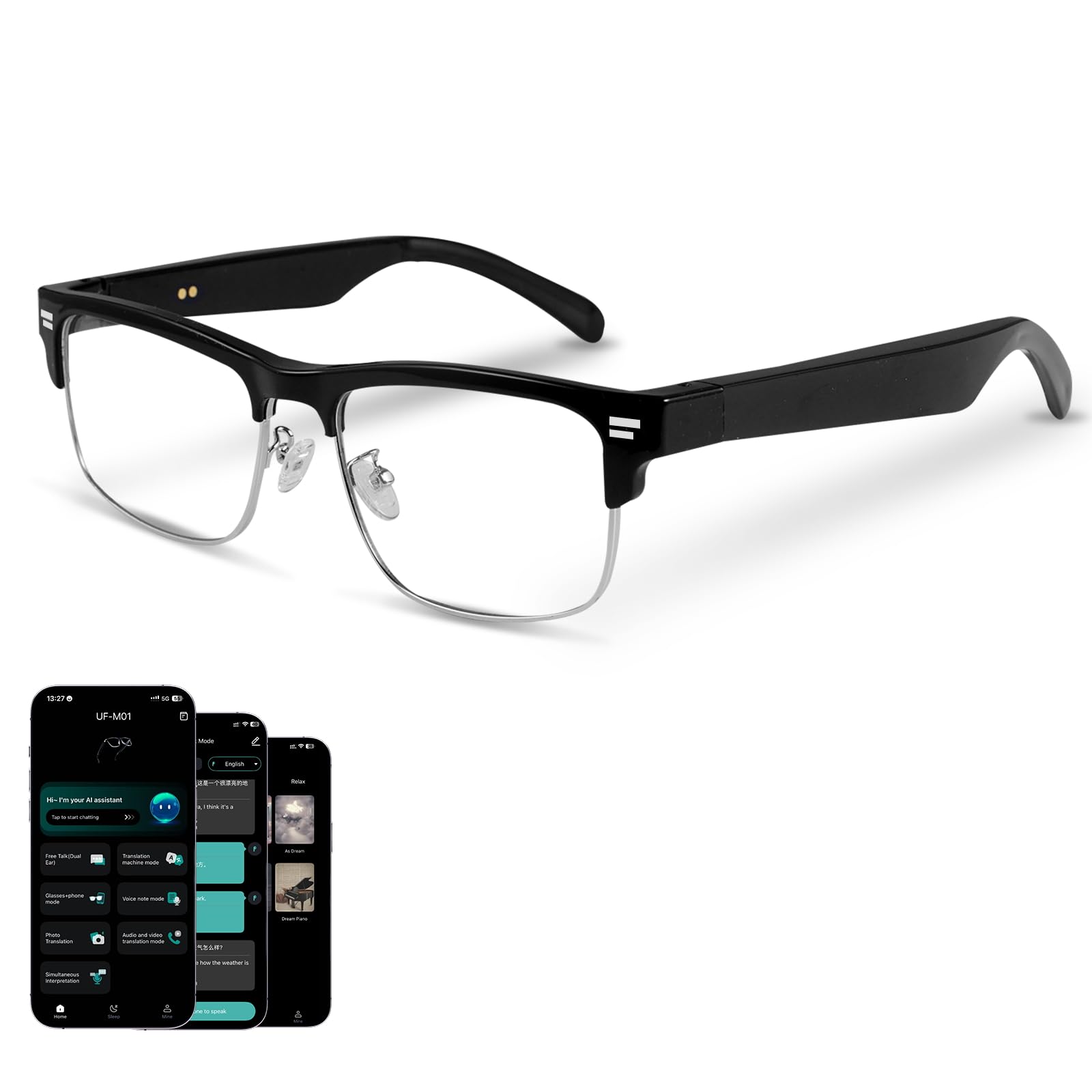 AI Glasses for Men Women, Powered by ChatGPT, AI Real-time Translation(164Languages),Bluetooth Translator Glasses with Speaker,No Subscription,Smart Glasses with Anti-Blue Light for Work Travel-Silver