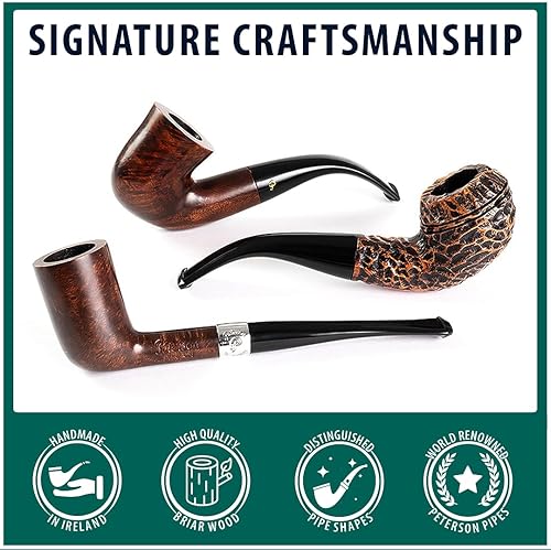 Miniatura 9 de Peterson Pipes Aran - Pipa de brezo mediterránea, pipa irlandesa de madera hecha a mano en Irlanda, billar recto, sin filtro, cola de pez,