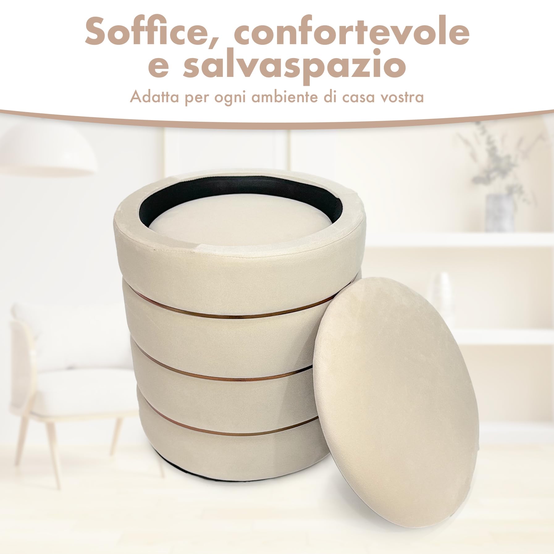 IlGruppone Set 2 Pouf Contenitori in Velluto – Pouf Arredo Moderni Impilabili, Poggiapiedi con Contenitore Salvaspazio, 4 Colori – Grande 37x41 cm, Medio 28x34 cm - Beige