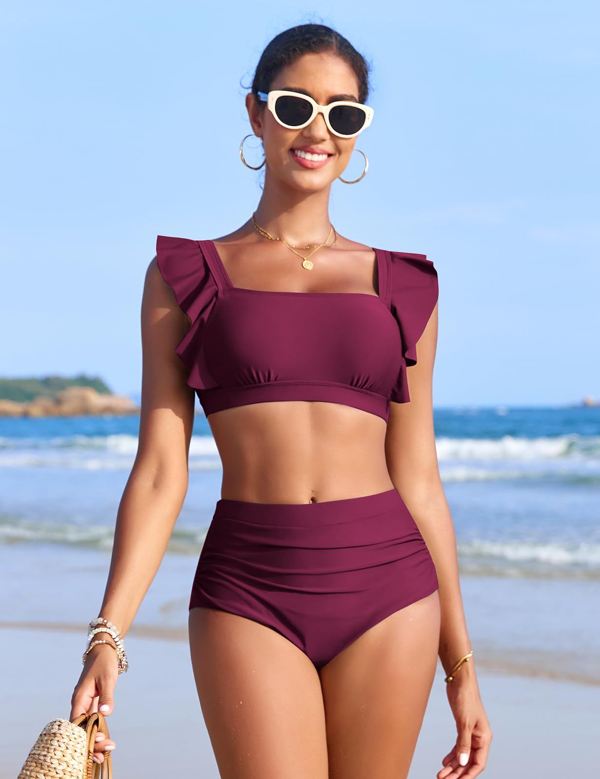 UMIPUBO Costume Donna Due Pezzi Bikini Vita Alta Curvy Pancia Pieghe Contenitivo Modellante Collo Quadrato Volant Mare Costume Da Bagno Estivo