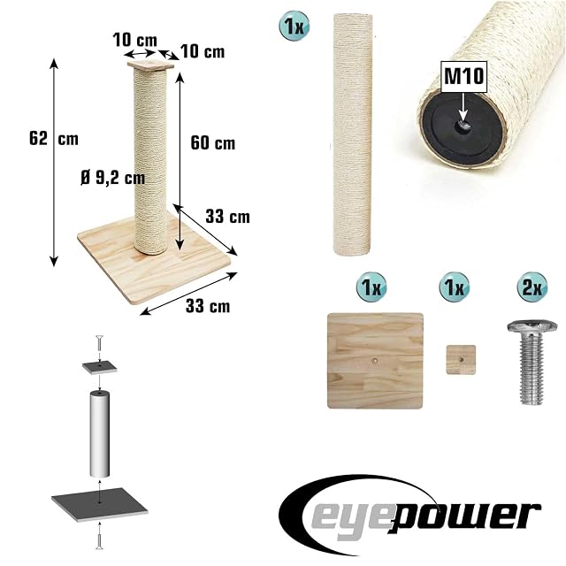 Foto 4 de 8 de eyepower 62 cm Árbol Rascador para Gatos y Gatitos - 9,2 cm Poste de Cuerda Sisal con Base de Bambú