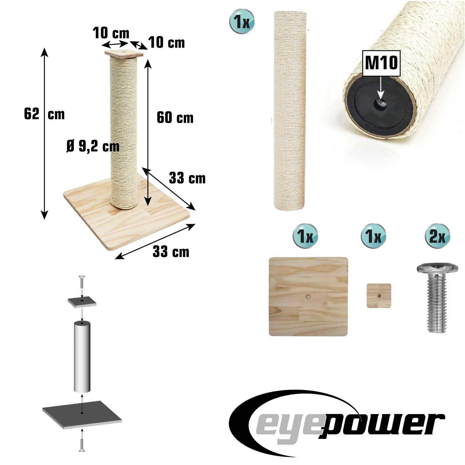 eyepower 62 cm Kratzbaum Luca - 9,2 cm Kratzsäule für Katzen mit Bambus Holzplatte - Katzenkratzbaum Klein mit M10 Sisalstamm Beige - Kratzstamm Katze Stabil Sisal Katzenbaum mit Massivholz Fußplatte
