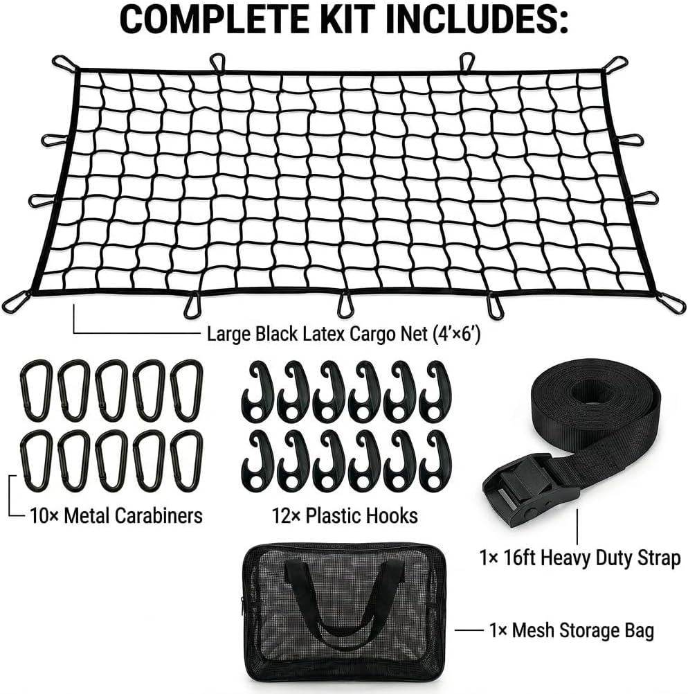 Heavy Duty Latex Cargo Net for Pickup Truck Bed 4'x6' (Stretches to 8'x12'), Bungee Mesh Truck Tie Down Net with 10 Metal Carabiners, 16ft Strap & Breathable Storage Bag