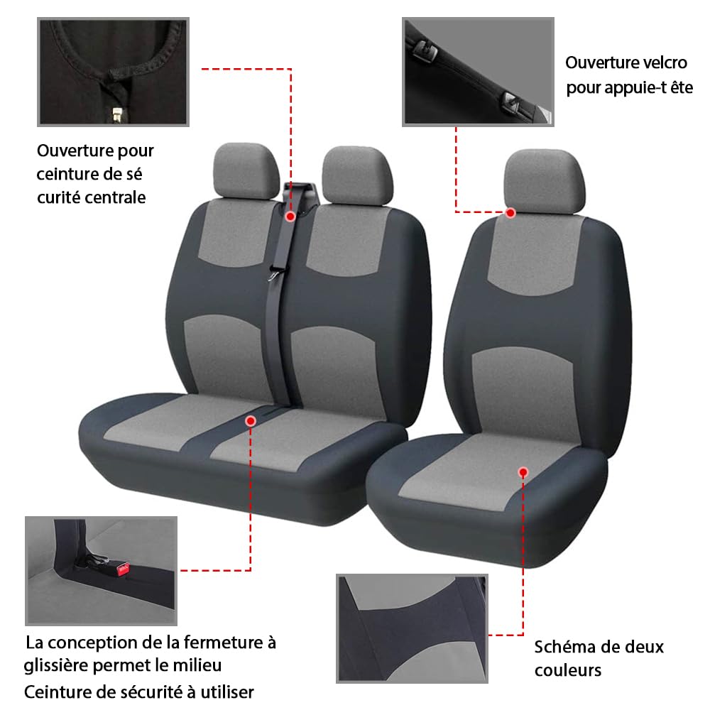 TOYOUN Housse de siège Voiture Universelle| Housse Siege camionnette | Housses de siège Avant Simple et Double | Conducteur et Double Passager 2 + 1, Noir et Gris