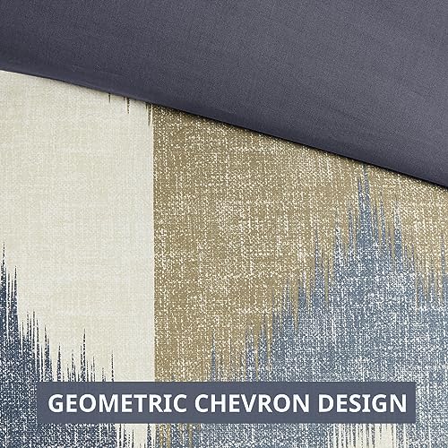 Image of Ink+Ivy Queen Size Comforter Set, Cozy Cotton Comforter, All Season, Lightweight Comforter Queen Bed Set with 2 Matching Shams, Modern Cabin Lodge Ikat Chevron Design, Navy Full /Queen 3 Piece