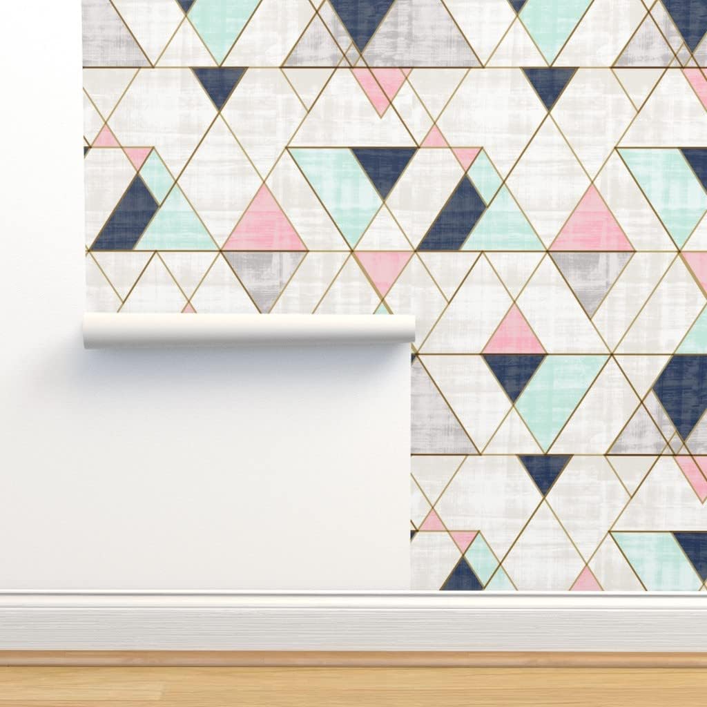 Onе-Dау Sаlе: Uр tо 50% оƒƒ Peel & Stick Wallpaper 9ft x 2ft - Navy Mint Pink Triangles Geo Small Geometric Custom Removable Wallpaper by Spoonflower