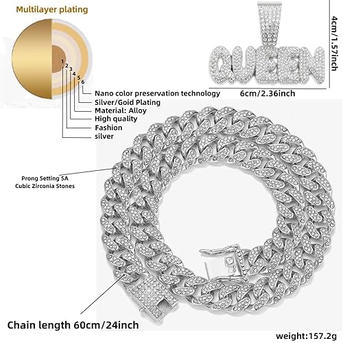 Miniatura 4 de 1 piece goldsilver Plated chain with Cuban Chain Pendant Necklace, full diamond Hip hop alphabet necklace (Gold Cuban Chain +QUEEN)