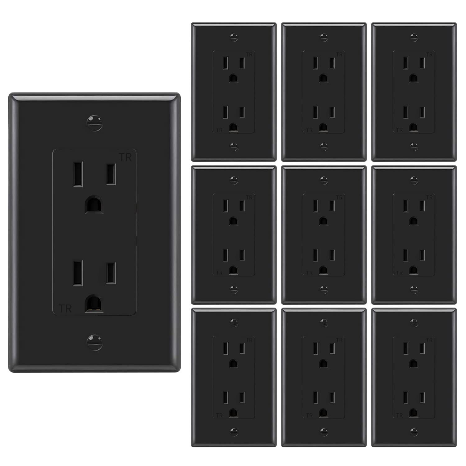 Micmi Decorator Receptacle Outlet, Tamper Resistant, Decorative Electrical Outlet Receptacle, 15Amp 125Volt, Grounding with Wall Plate UL Listed (10Pack, Black, 15Amp Outlet)