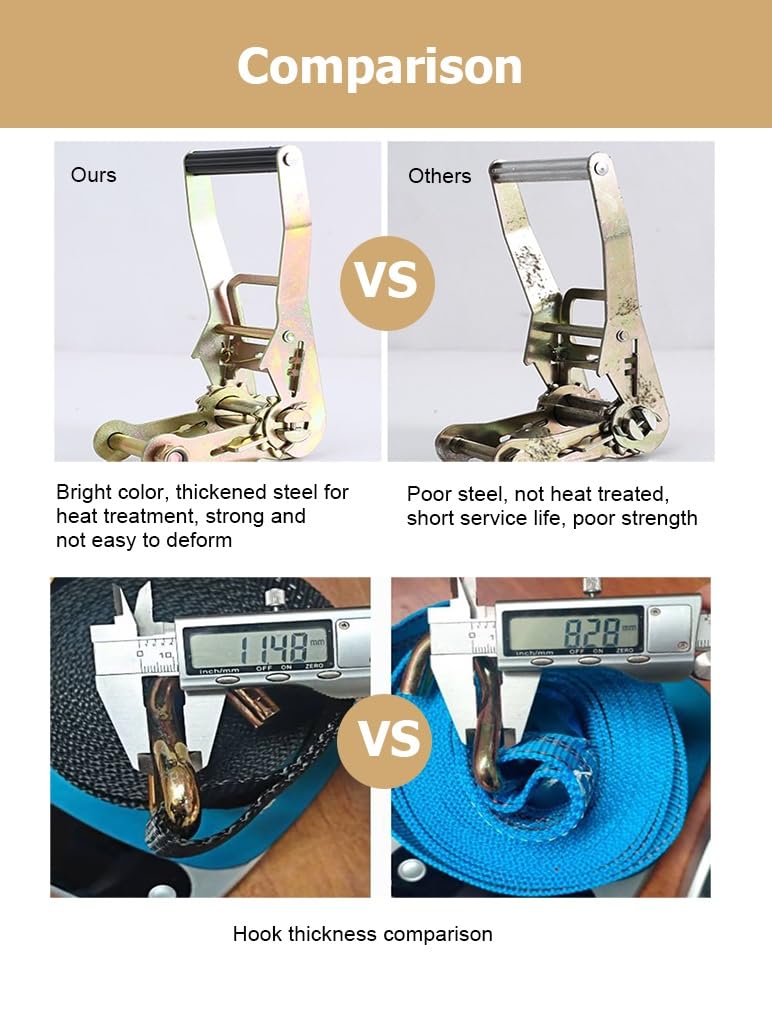 Paquete de 4 Correas de Carga de 9,8 a 49,2 pies con trinquete for remolques, Camiones, Kayaks y Motocicletas. Correas de Amarre con Ganchos Dobles en J.(Beige,8.0m/26.2Ft)