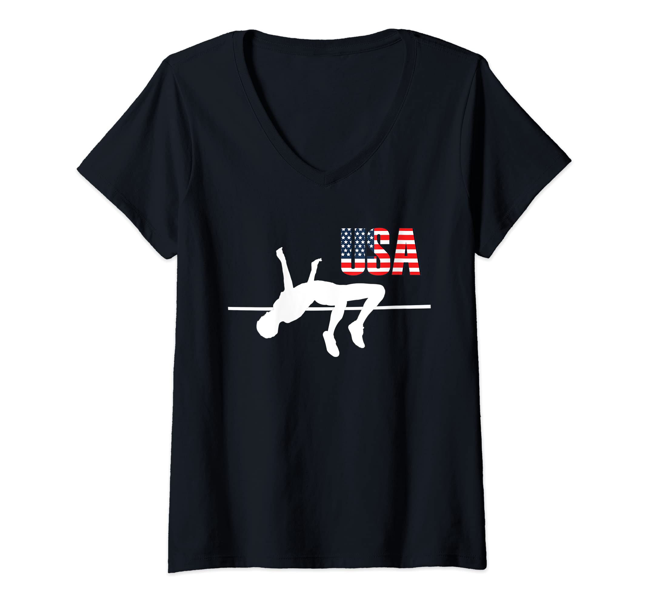 Womens Track and Field American Flag High Jump USA V-Neck T-Shirt