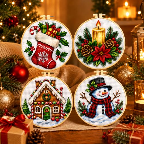 Image of Zhenqing 4 Christmas Cross Stitch Kit, 11CT Printed Fabric, Hoop & Tools | 4 Christmas designs with 11CT printed fabric, extra floss, one hoop, tools and English guides for beginners.
