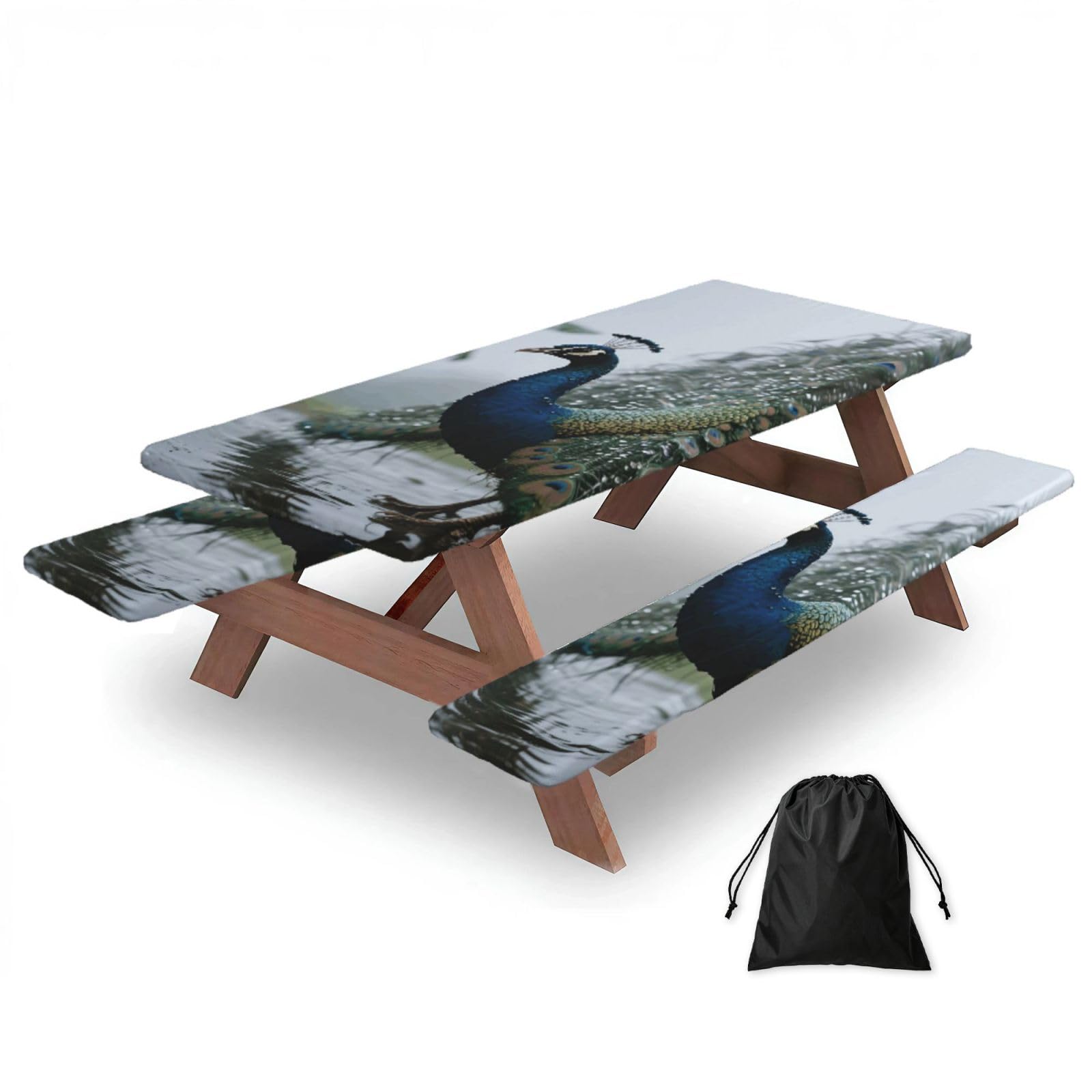 FekiLoot Peacock Picnic Table Cover with Bench Covers and Bag, Windproof Waterproof Rectangle Tablecloth with Elastic Edges Fitted Camping Table Covers for Picnic Party Travel