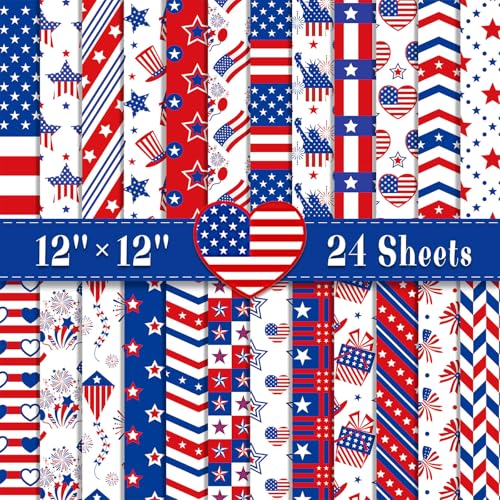 Feivando 24 Sheets Patriotic Scrapbook Paper 12 12 Double-Sided 4th of July Red White Blue Pattern Paper Decorative Art Cardstock for DIY Crafts Card Making Scrapbook Supplies