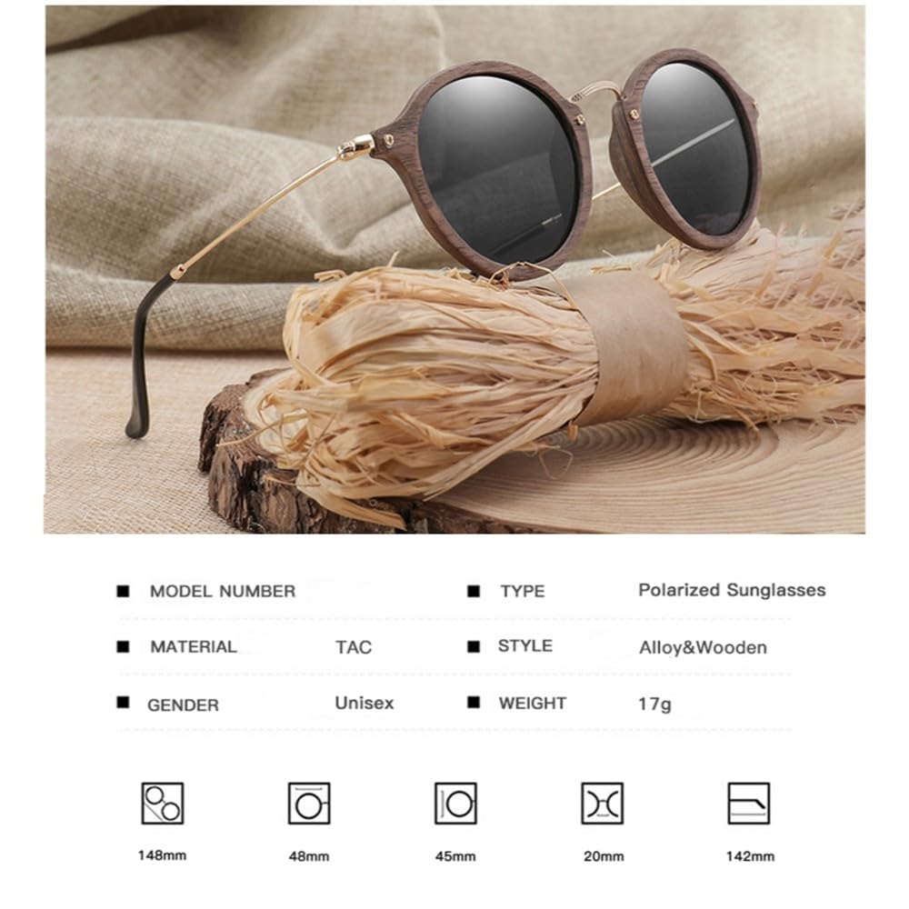 Ultraleichte Damen Herren Polarisierte Sonnenbrille Holz Rundrahmen