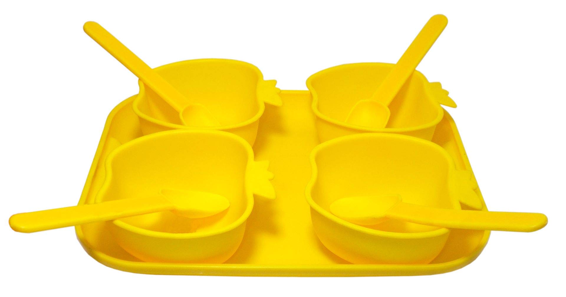 Kotak SalesApple Shape 9 Piece Serving Set of Bowl Spoon & Tray Food Grade Tableware Dinnerware Serving Snacks & Soup Dessert Dal Curd Chutney Pickle Festival Birthday Marriage Gift Set (Yellow)