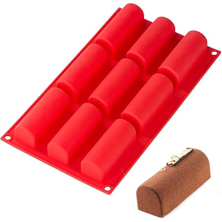 Webake Twinkie Pan Silicone Mini Log Cake Mold For 3D Cylinder Mousse, DIY Pudding Cake Molds Oblong 9 Cavity (Red)