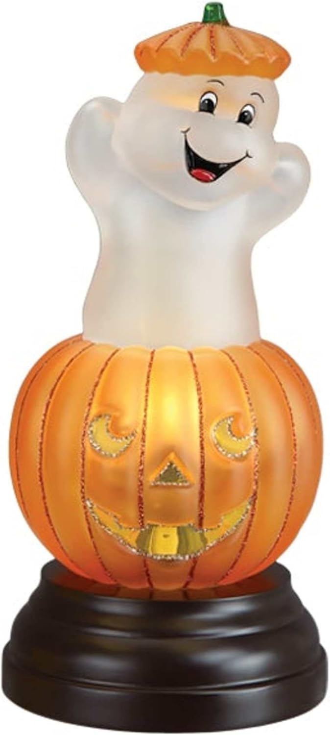 Old World Christmas Ghost Pumpkin Lighted Figurine, Halloween Decoration with Glitter, Festive Light Up Tabletop Holiday Display