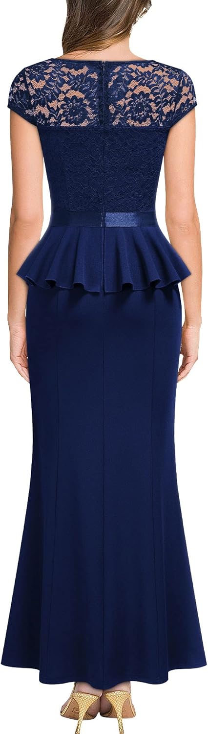 MISSMAY Women's Elegant Floral Lace Ruffle Split Cocktail Party Long Dress - Image 2