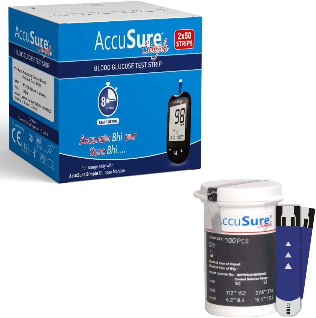AccuSure Simple Blood Glucose Test 100 Strips, 2 X 50 Test Strip (Multicolor)