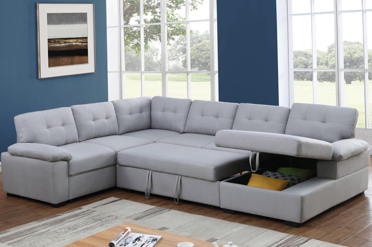 Alexent 5-Seat Modern Fabric Sleeper Sectional Sofa with Storage Gray