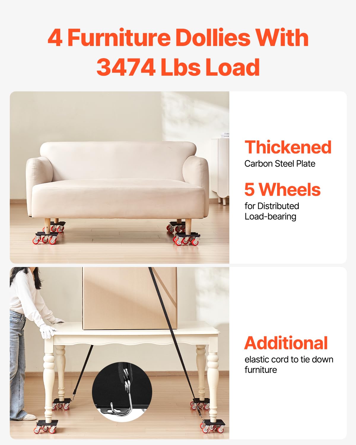 Happybuy Furniture Dolly, Maximum Load 3474 lbs, Heavy Duty Furniture Movers with 5 360° Rotation Wheels, Carbon Steel Panel, Furniture Lift Slider Tool Set for Appliances