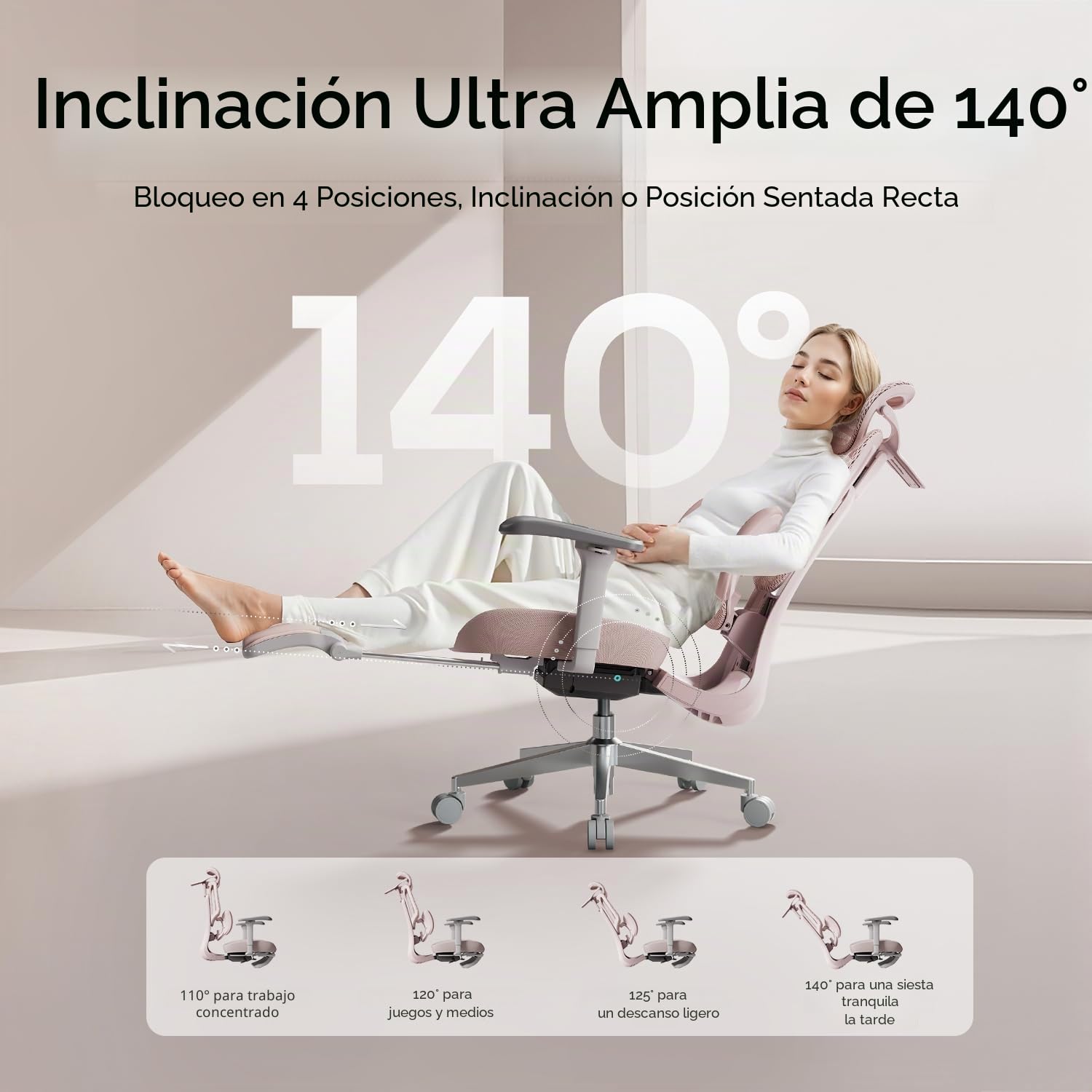 Hbada E3 Air Silla de Oficina Ergonomica - Soporte Lumbar Dinámico de 3 Zonas, Reposacabezas 3D y Brazos 4D, Silla Ergonomica Escritorio Sin Pedales (Rosa)