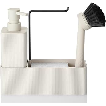 Washing Up Liquid Dispenser Kitchen Beige with Soap Dispenser Washing Up Brush Sponge Dish Cloth Holder Soap Dispenser Kitchen Set Sink Organizer Slim for Kitchen Bathroom Beige