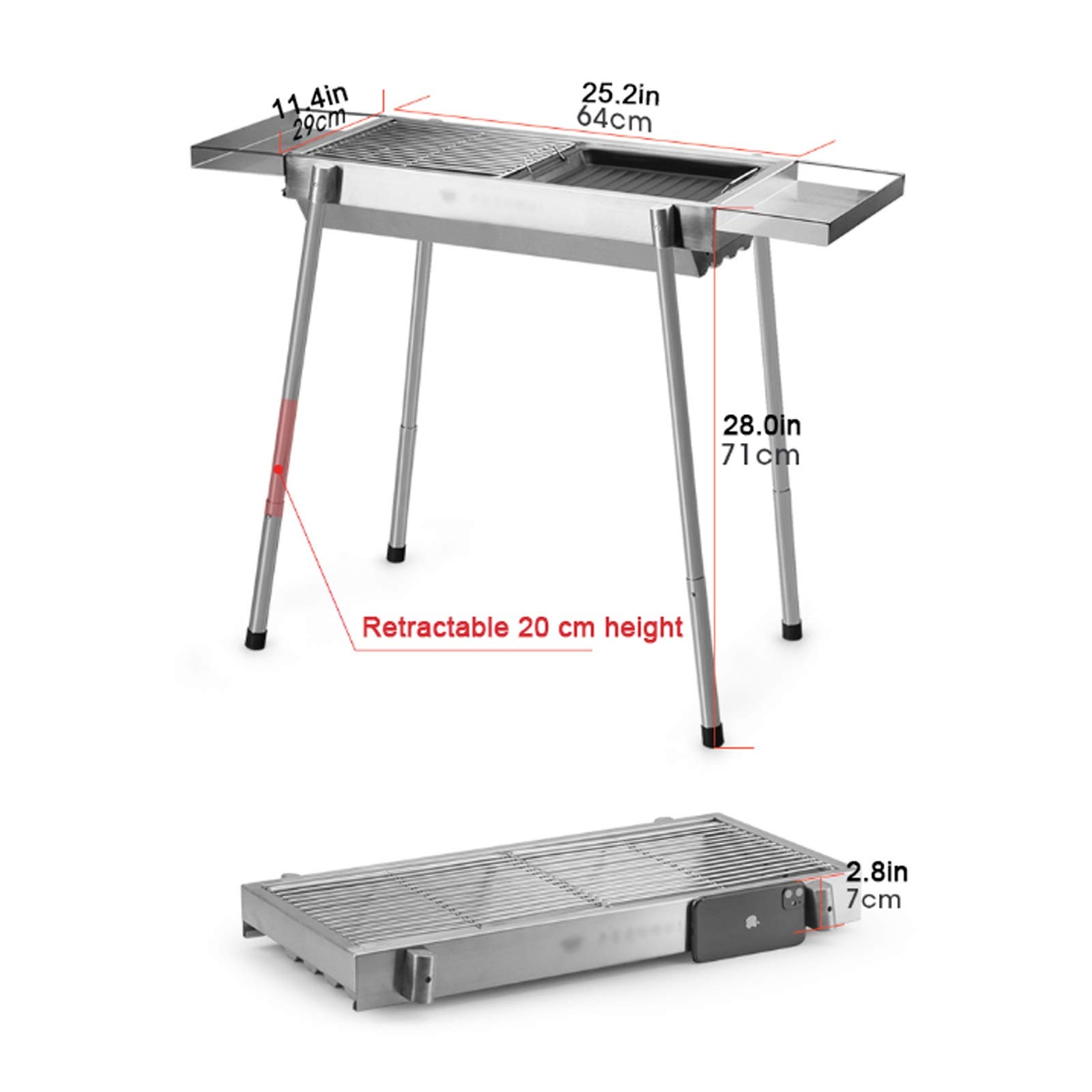 Barbecue Griglia a Carbone Acciaio inossidabile da esterno Portatile Grill Grill Grill Pieghevole Pieghevole BBQ BBQ Grill Grill argento cromato, leggero, pieghevole □ per campeggio, picnic 25.2 "x 11