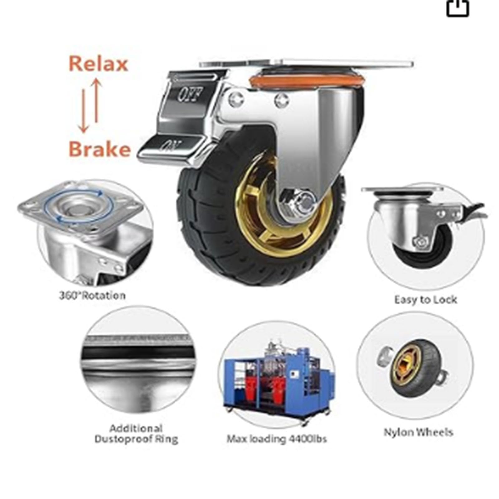 Rolki z podwójną blokadą bezpieczeństwa, zestaw 4 kółek, Heavy Duty, maks. obciążenie, 2000 lBS, do koszyka na zakupy, mebli, stołu warsztatowego (czarne, 10 cm/4", 2 szt. stałe koła + 2 szt. blokady