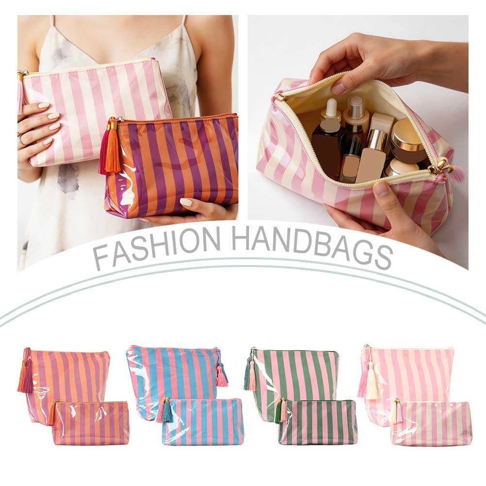 Pack de 2 bolsas de maquillaje de PVC a rayas, impermeables