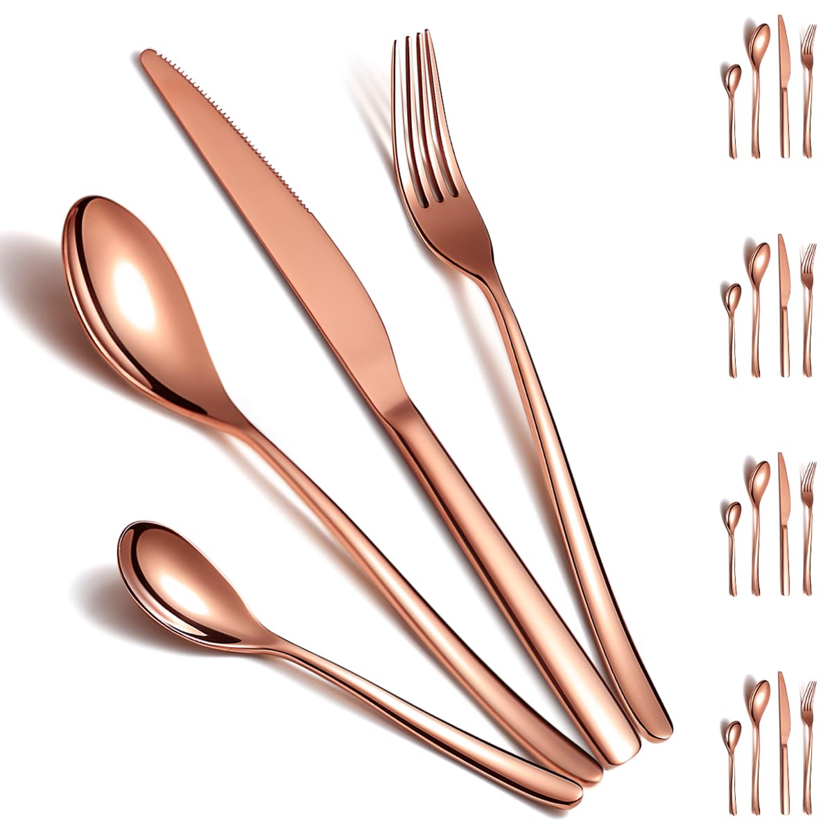 Cutlery Sets 16 Pieces Service for 4, ReaNea Rose Gold Titanium Plating Flatware Set Include Dinner Knives, Dinner Spoons, Dinner Forks, Teaspoons, Dishwasher Safe