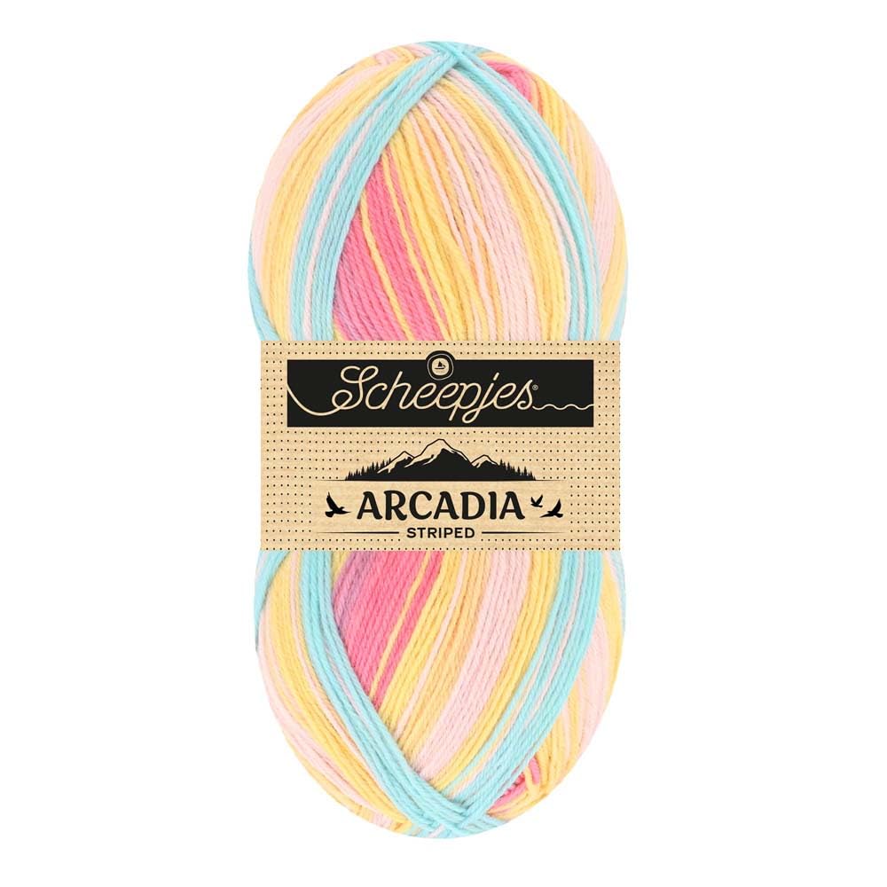 Scheepjes Arcadia Striped 100g - 916 Wildflower Yarn in Yellow, Blue and Pink