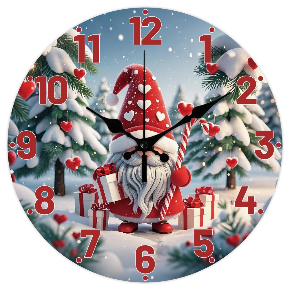 CHGCRAFT Christmas Gnomes Pattern Wall Clock 12 Inch Non-Ticking Snow Scene Gift Box Clocks Round Wall Hanging Clock Battery Operated for Bedroom Living Room Kitchen Office