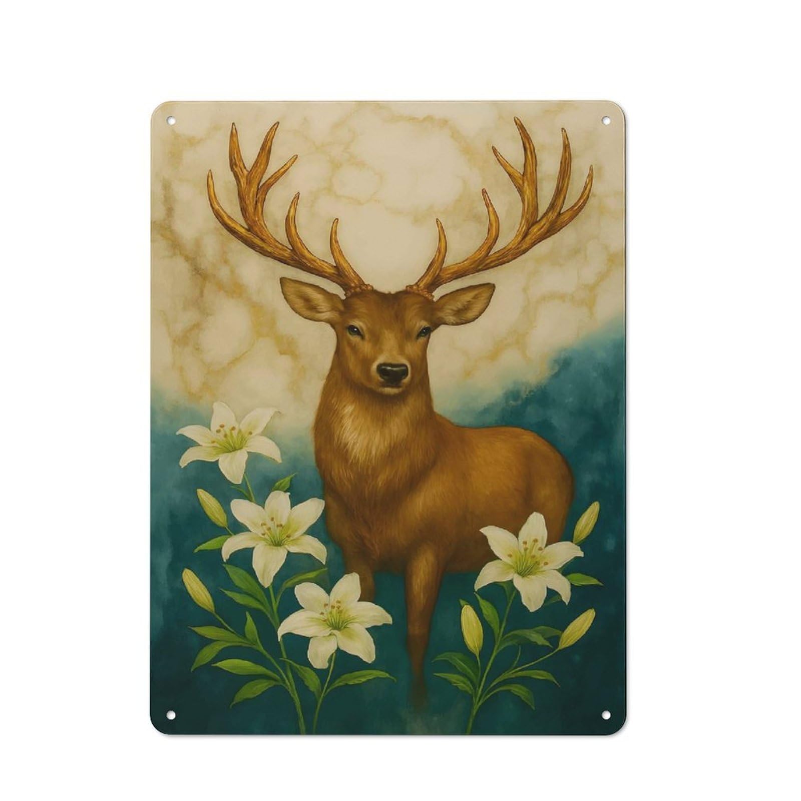 Vintage Deer with Lilies Painting Tin Sign 40x30cm, Shed Wall Plaque for Garage, Workshop, Shed Or Utility Room