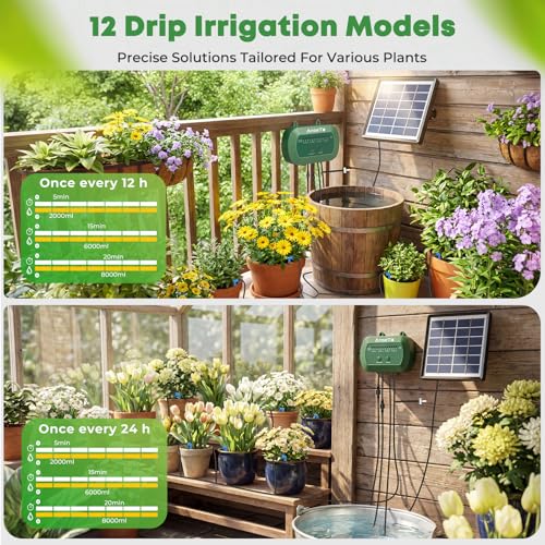 Solar Drip Irrigation System, Automatic Watering Kit with Split Design & Anti-Siphon Valve, 12 Modes Garden Irrigation System with 49ft Hose for 15 Potted Plants, Patio, Balcony & Greenhouse - Image 5