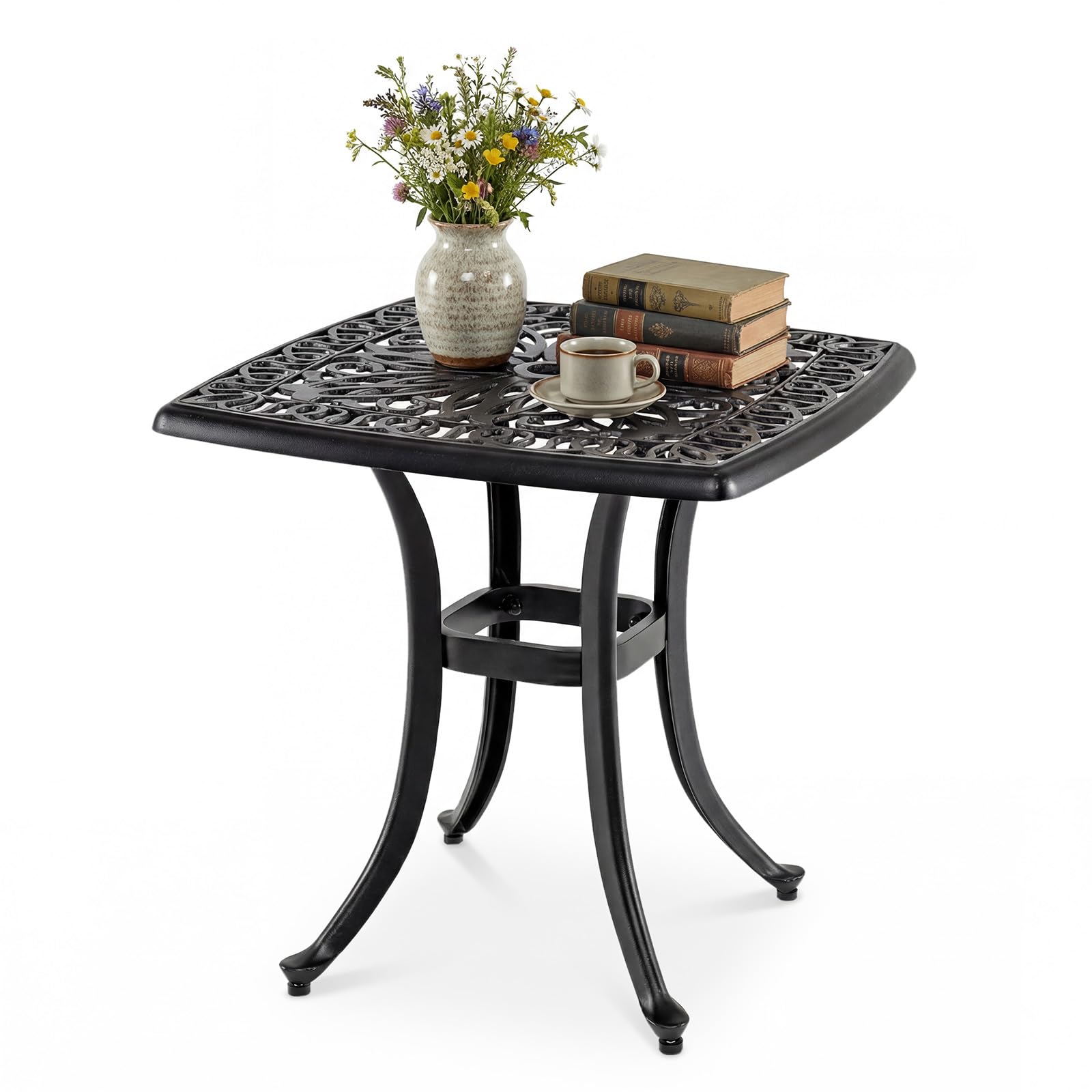 GOPLUS Mesa Auxiliar de Exterior de Aluminio Fundido con Patrón Floral